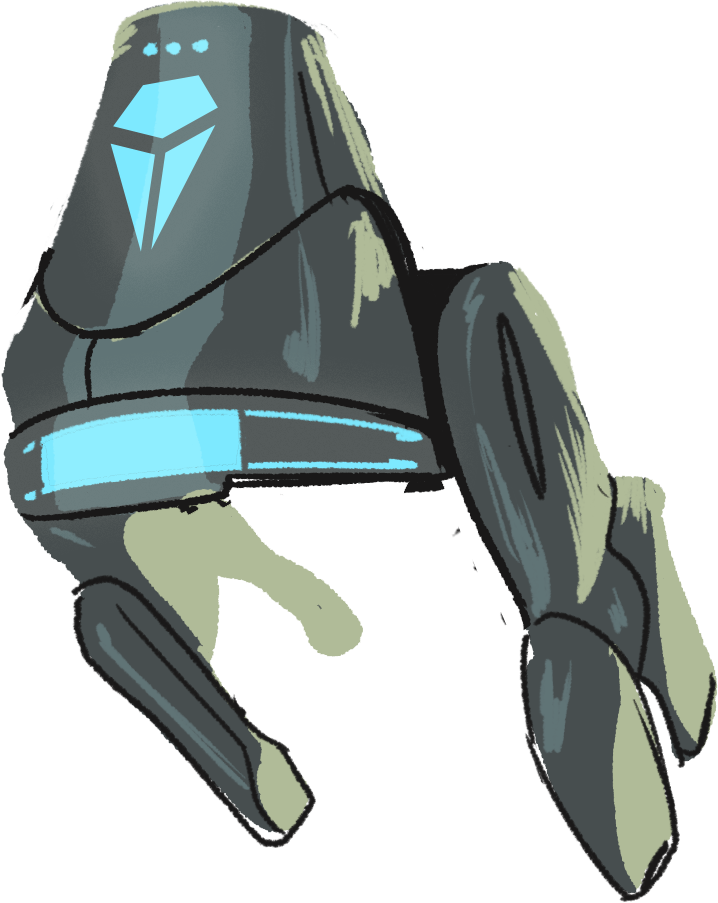 Stylised sketch of a futuristic robot with the Krystal logo on its chest, highlighted with blue tones.